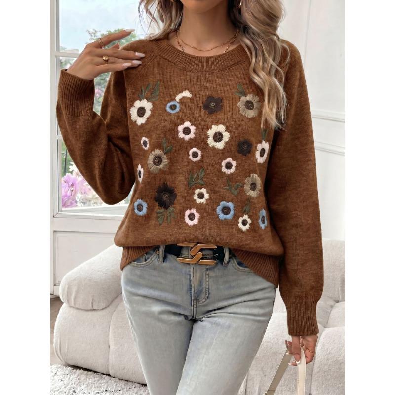 Women S Crew Neck Long Sleeve Knit Sweater With Flower Embroidery