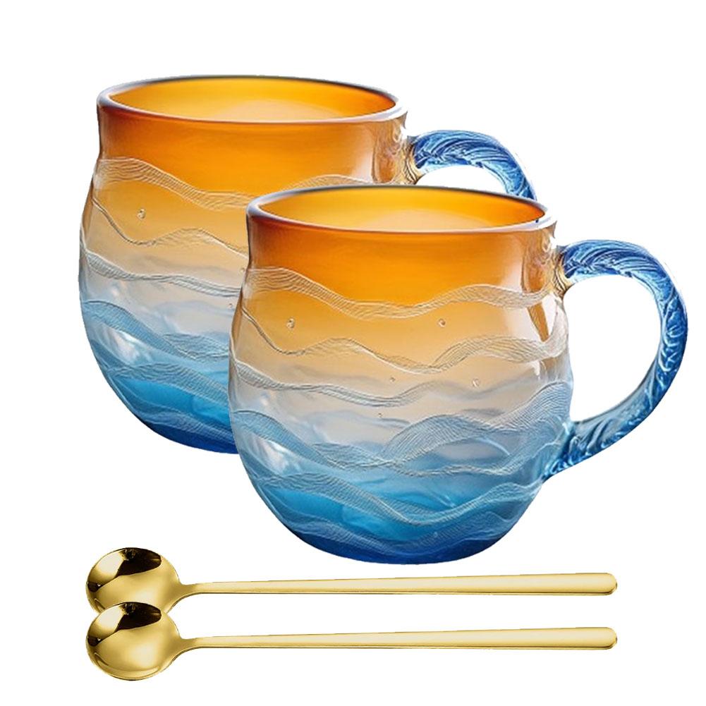 350ml Handmade Sunset Ocean Glass Cup Afternoon Tea Office Mug Unique Design Orange Gradient Blue Sending Spoons