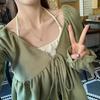 Pure Desire Short Hanging Neck Tank Top Long Sleeve Lace-up Cardigan 2Pcs Set Women Green T-shirt Slim Small Size Korean Fashion
