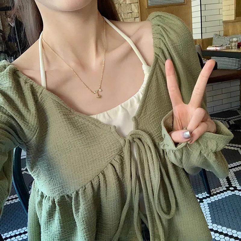 Pure Desire Short Hanging Neck Tank Top Long Sleeve Lace-up Cardigan 2Pcs Set Women Green T-shirt Slim Small Size Korean Fashion