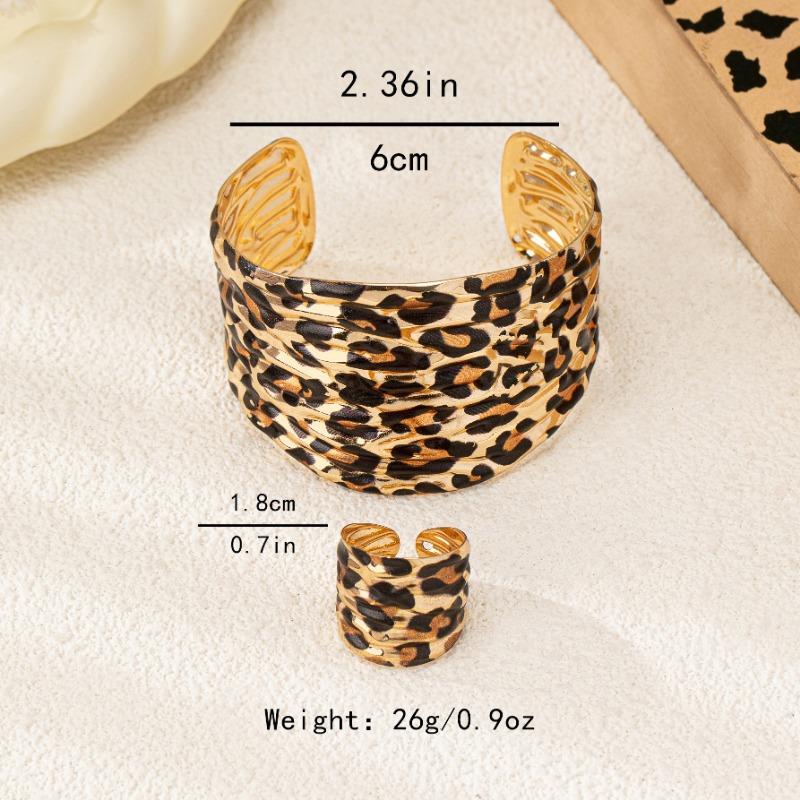 Exaggerated Personality Leopard Print Geometric Irregular Bracelet Ring Set for Women Suitable for Parties and Streets