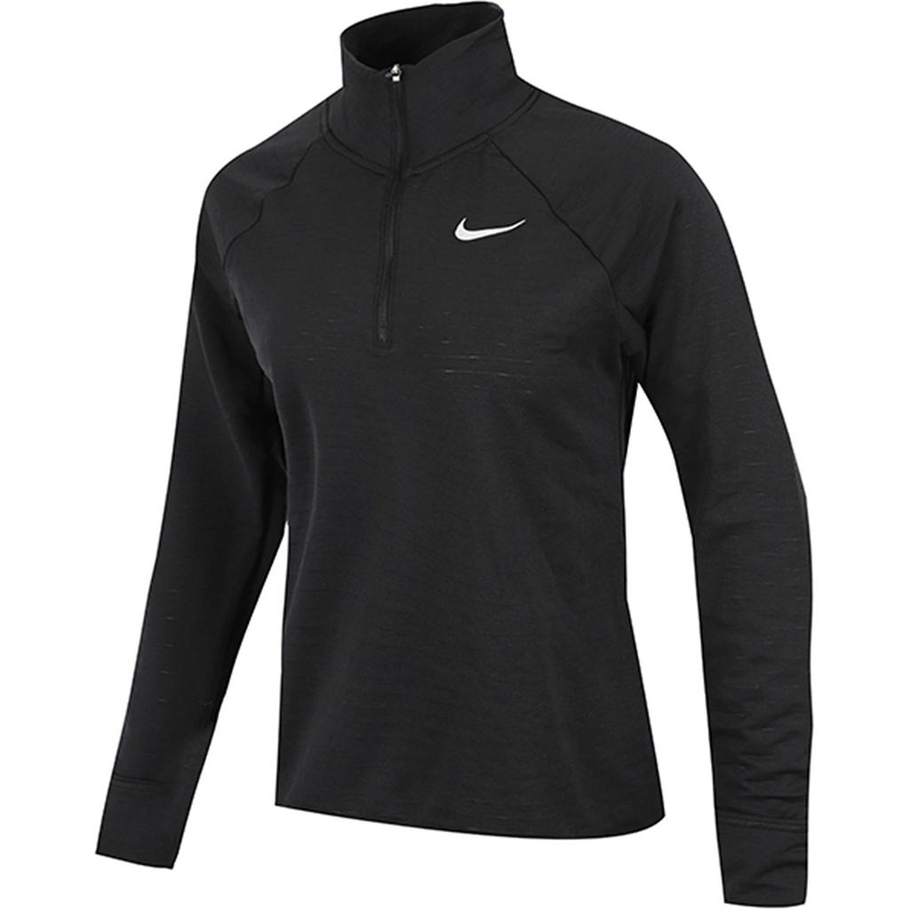 Nike Logo Print Sports Quick-Dry Running Casual Fleece Warm Half-Zip Stand Collar Long Sleeve Raglan T-Shirt Women Tops Black DD6800-010
