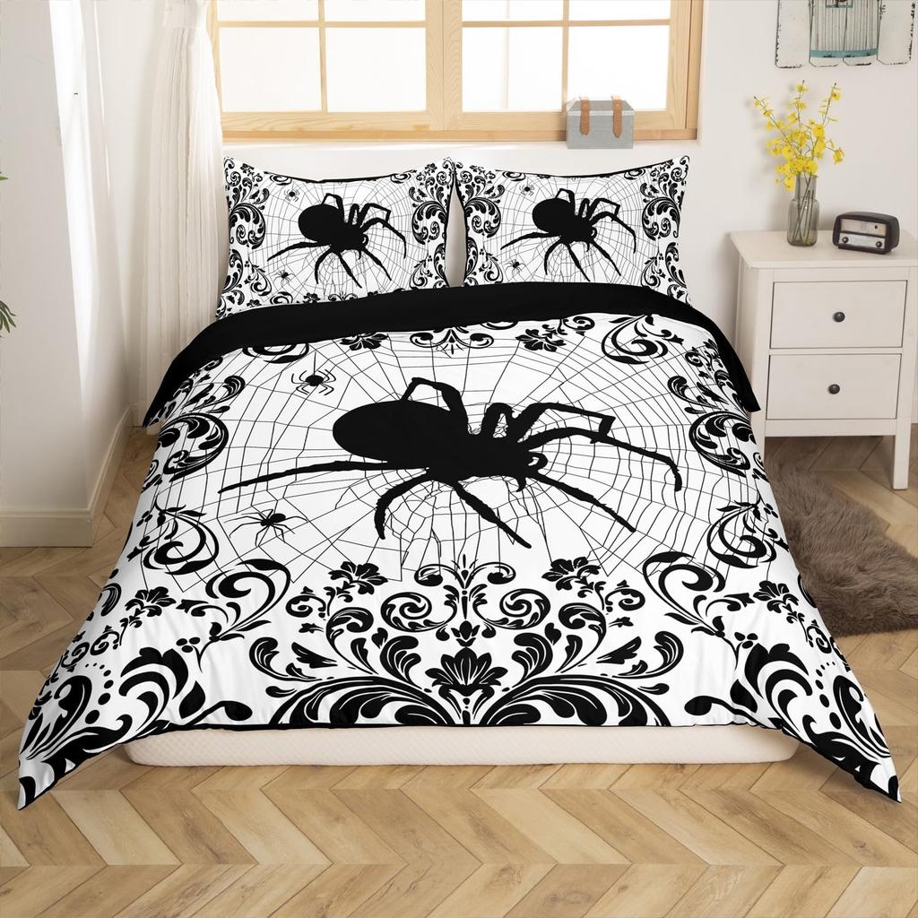 Black White Spider Web Duvet Cover Queen Halloween Gothic Bedding Set for Boys Adults Room Decor Hippie Floral Comforter Cover