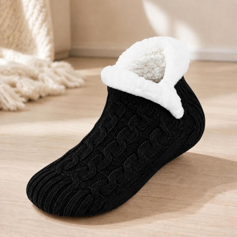 Warm Indoor Floor Socks with Cable Texture, Plush Lining and Traction Dots for Walking Around the Home in Cool Weather