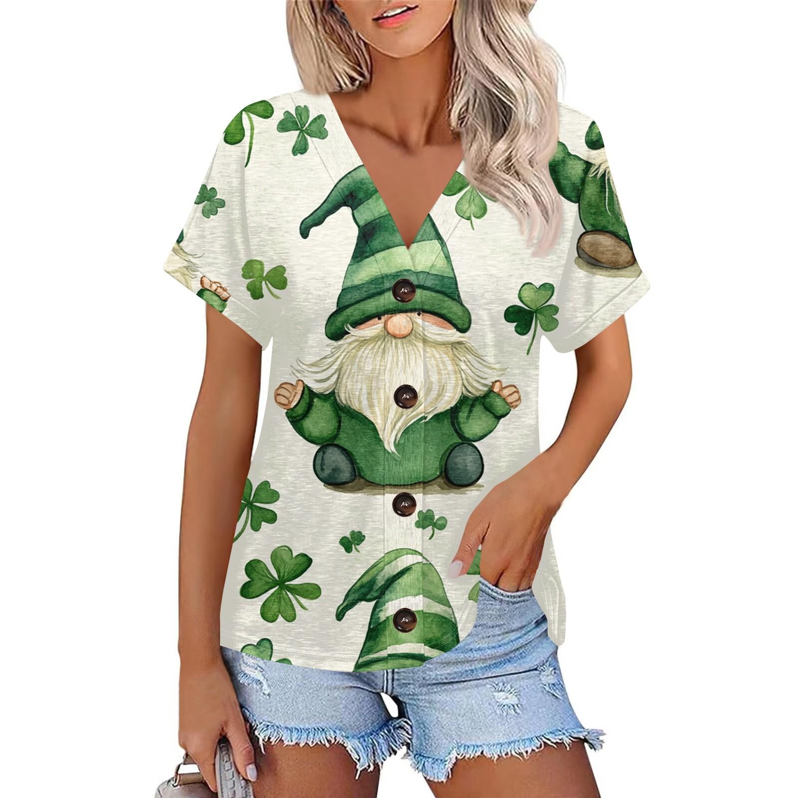 

Жіноча мода Короткий рукав V-подібний виріз St. Патрік Принт Топ Повсякденна Сорочка на Ґудзиках S білий