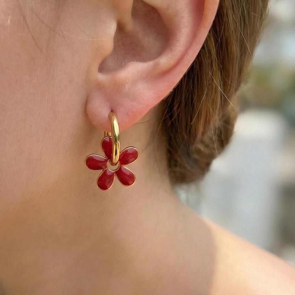 Blumenohrringe Roter Emaille Vergoldeter Creolen Edelstahl Florale Hängeohrringe für Damen Y2K Sommer Mode Schmuck