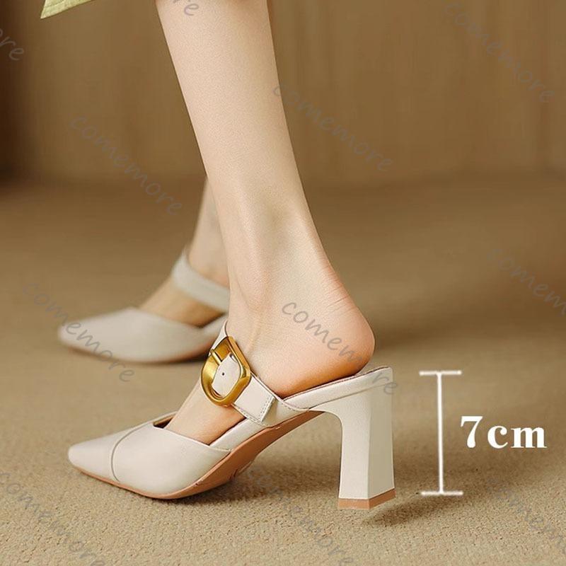 Comemore Baotou Sandal Slippers Summer New Casual Outside Wear Leather High-heeled Solid Mules Half Slipper for Women