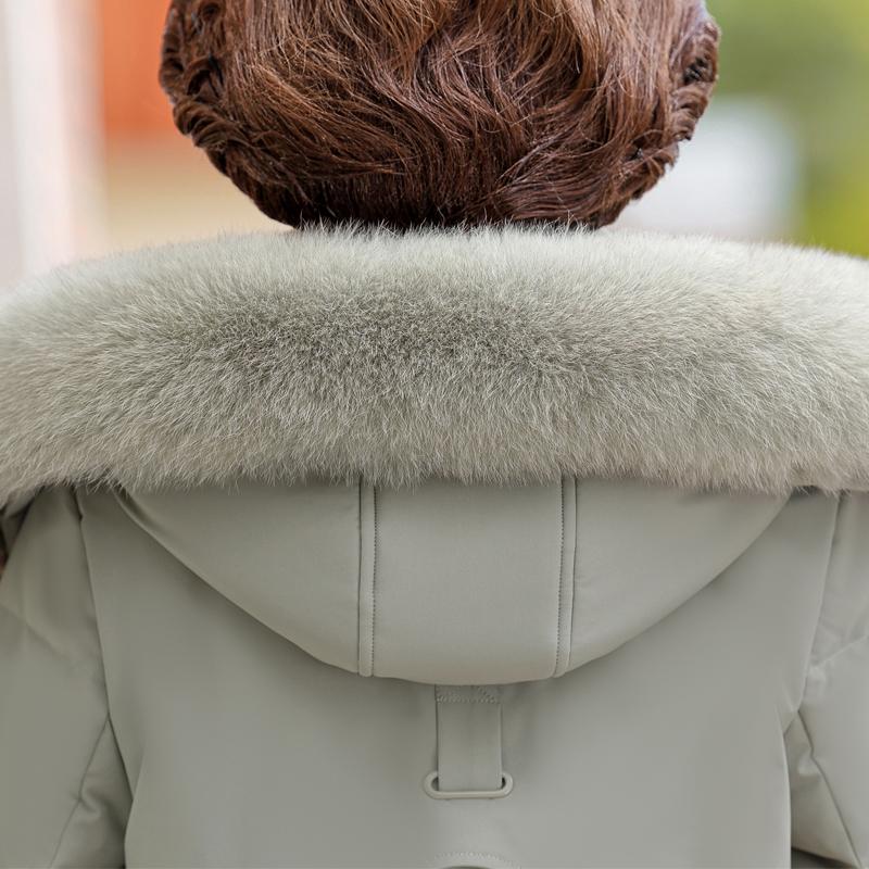 Límec z pravé kožešiny Dámské zimní kabáty z bílého kachního peří pro ženy středního věku Vintage parky plus size s kapucí 2024 Elegantní silné teplé péřové bundy Dámské svrchní oblečení