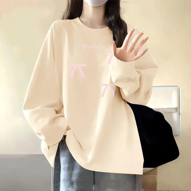

Korean Style Burgundy Bow Sweatshirt Women Cute Butterfly Embroidery Loose Pullover 4XL абрикосовий