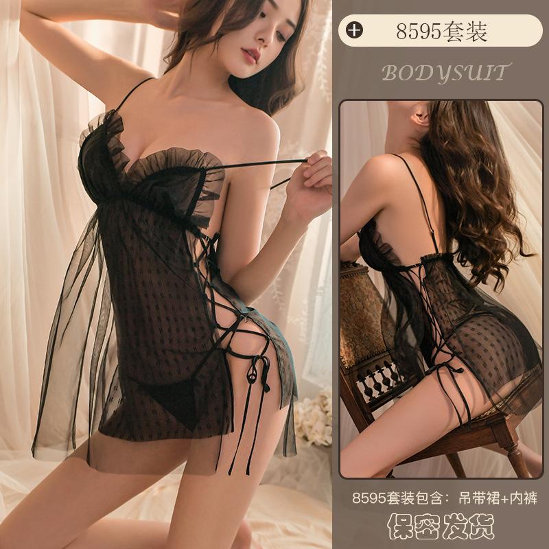 Erotic Underwear, sexy halter nightgown, Hot lace-up, plaque-sized uniform, See-through Seductive pajamas wholesale 8595