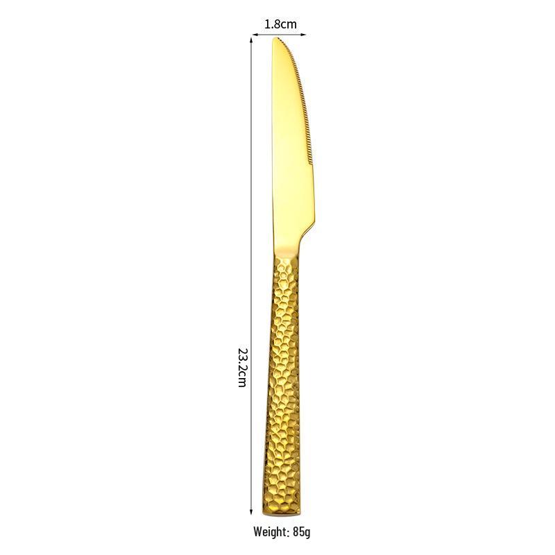 5-Piece Gold-Plated Hammered Stainless Steel Flatware Set - Includes Steak Fork, Knife, Spoon, and Square Handle Utensils.