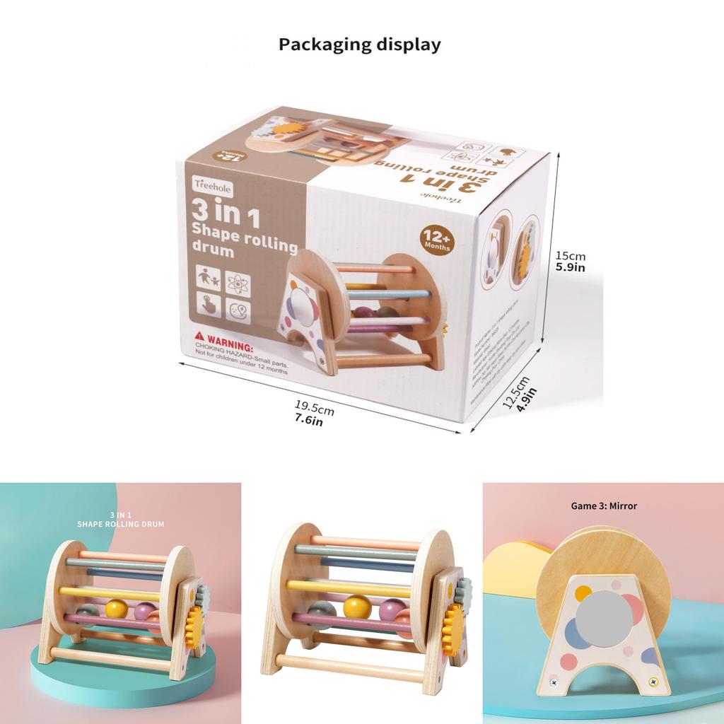 Wooden Montessori Threeinone Desktop Rattling Drum For Toddlers Educational Toy