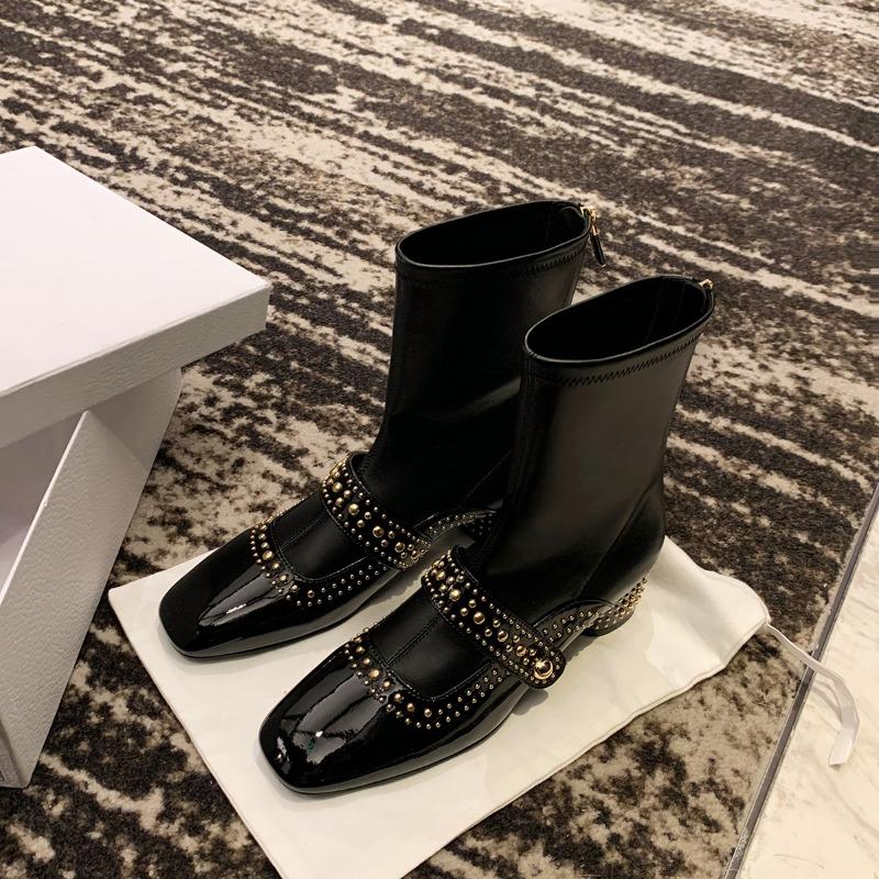 

Cowhide temperament square head rivet leather high-heeled boots elastic thin long boots women s Xiaoxiang thick heel long knight boots 34