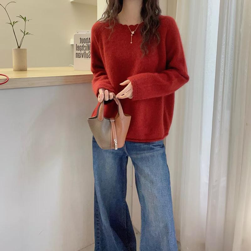 100% Wool Lazy Wind Crew Neck Wool Sweater 26 Spring Festival Loose Lace Loose And Thin Versatile Knitted Sweater Fashion