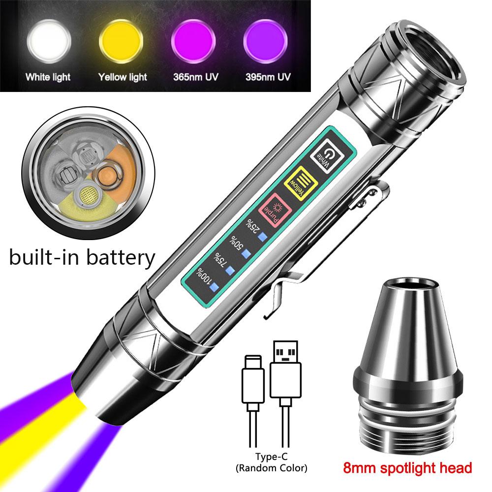 4 LED Light Sources Flashlight 365nm+395nm+Yellow+White USB Rechargeable Money Pet Urine Ore Cat Fluorescent Marker Check Light