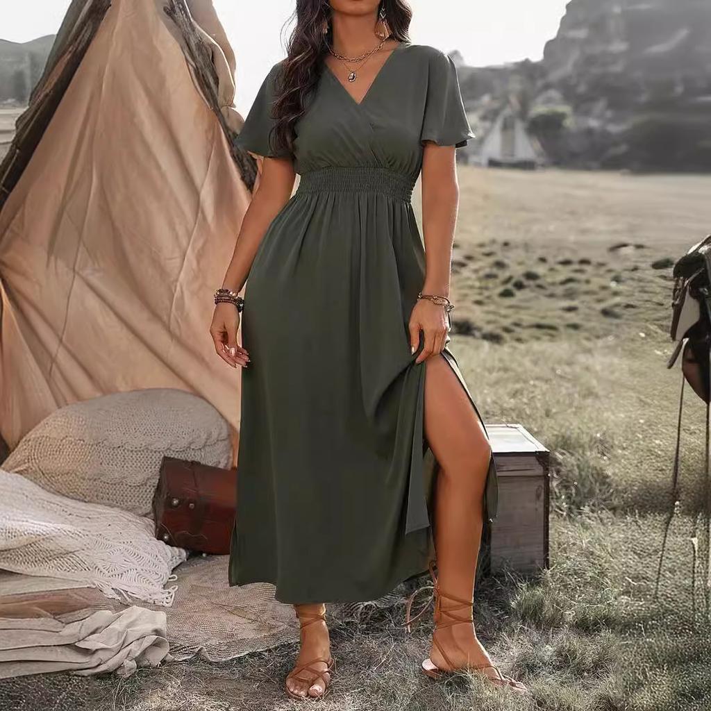 Europe and the United States summer new solid color V-neck horn sleeve elastic waist thin split skirt