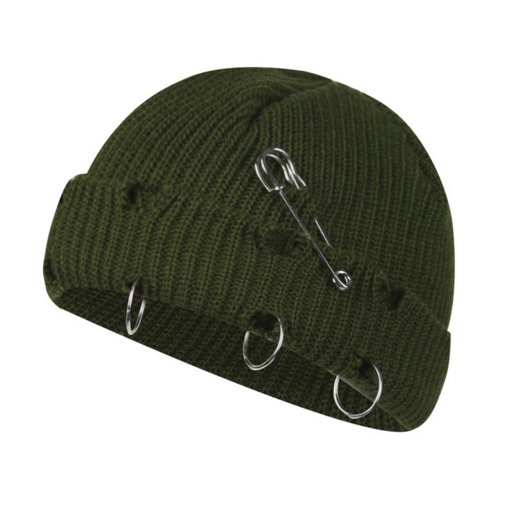 Fall And Winter Trendy Solid Color Safety Pin Iron Ring Knitted Wool Hat, Vintage Holey Pullover Wool Hat