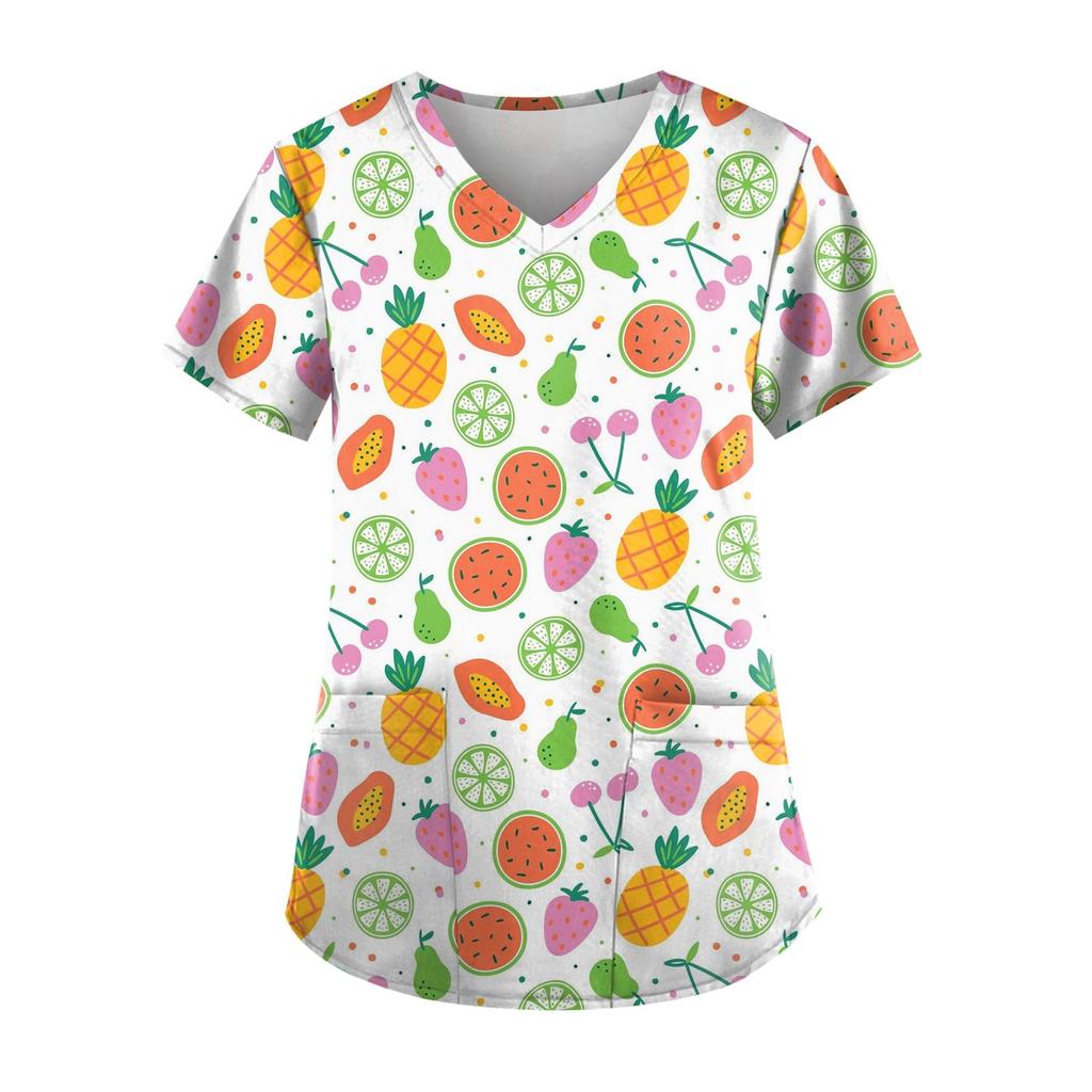 Bedruckte Scrub-Arbeitsuniform-Oberteile für Damen in Übergröße, kurzärmelig, V-Ausschnitt, lustige T-Shirts, Arbeitskleidung, T-Shirt mit Taschen