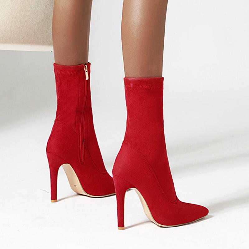 Stretch Slim Ankle Boots For Women Shoes Fashion Sexy High Heels Short Socks Boot Ladies Blue Red Party Dance Shoes Big Size 48