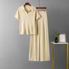 Women's Olo Collar Pullover Short-sleeved Top + Thin and Versatile Solid Color Wide-leg Trousers Knitted Fashion Suit