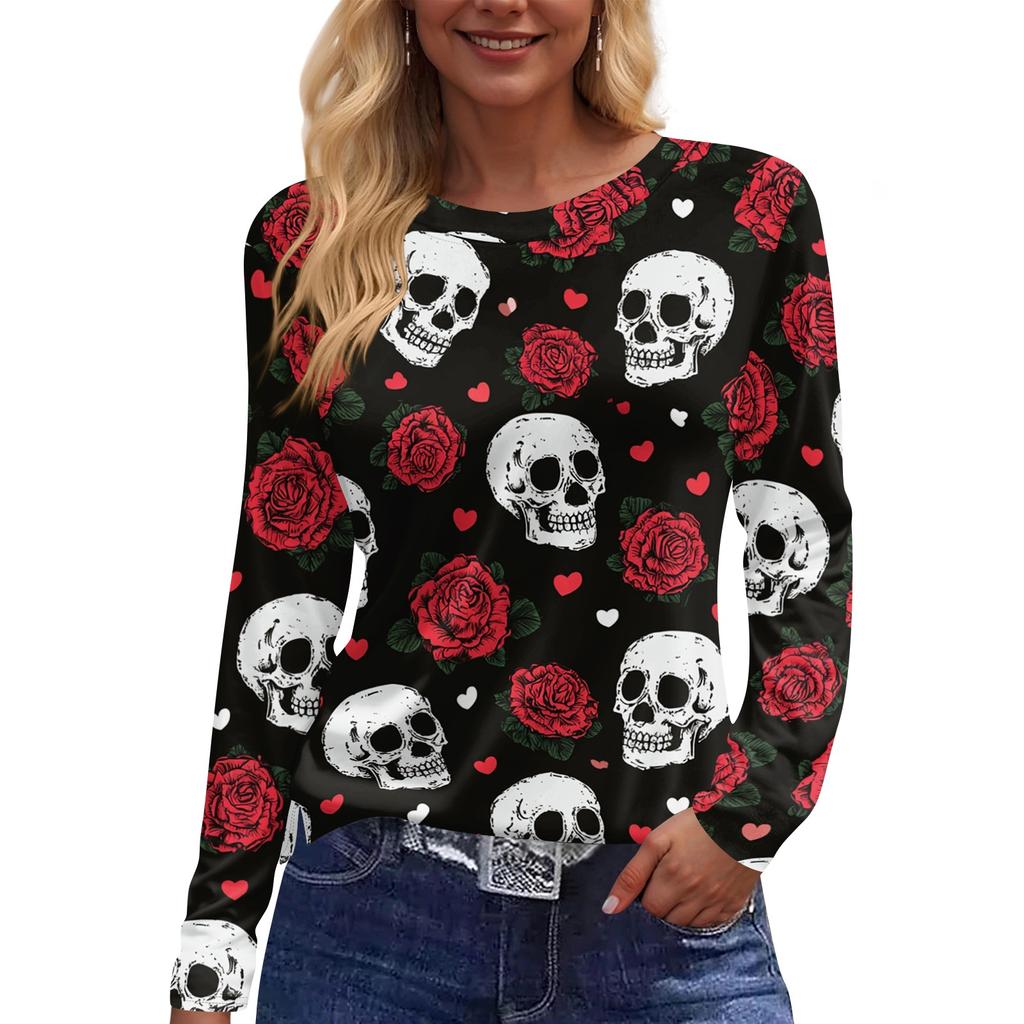 Women's Fashion Print Long Sleeve Top with Round Neck and Side Slits