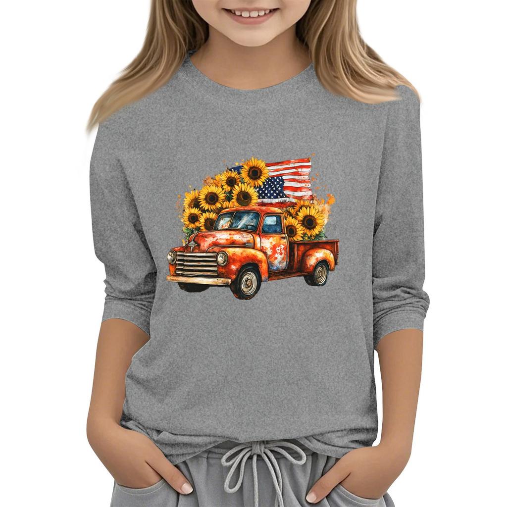 Tricou casual cu mâneci 3/4 pentru copii, cu gât rotund și imprimeu pentru Ziua Independenței