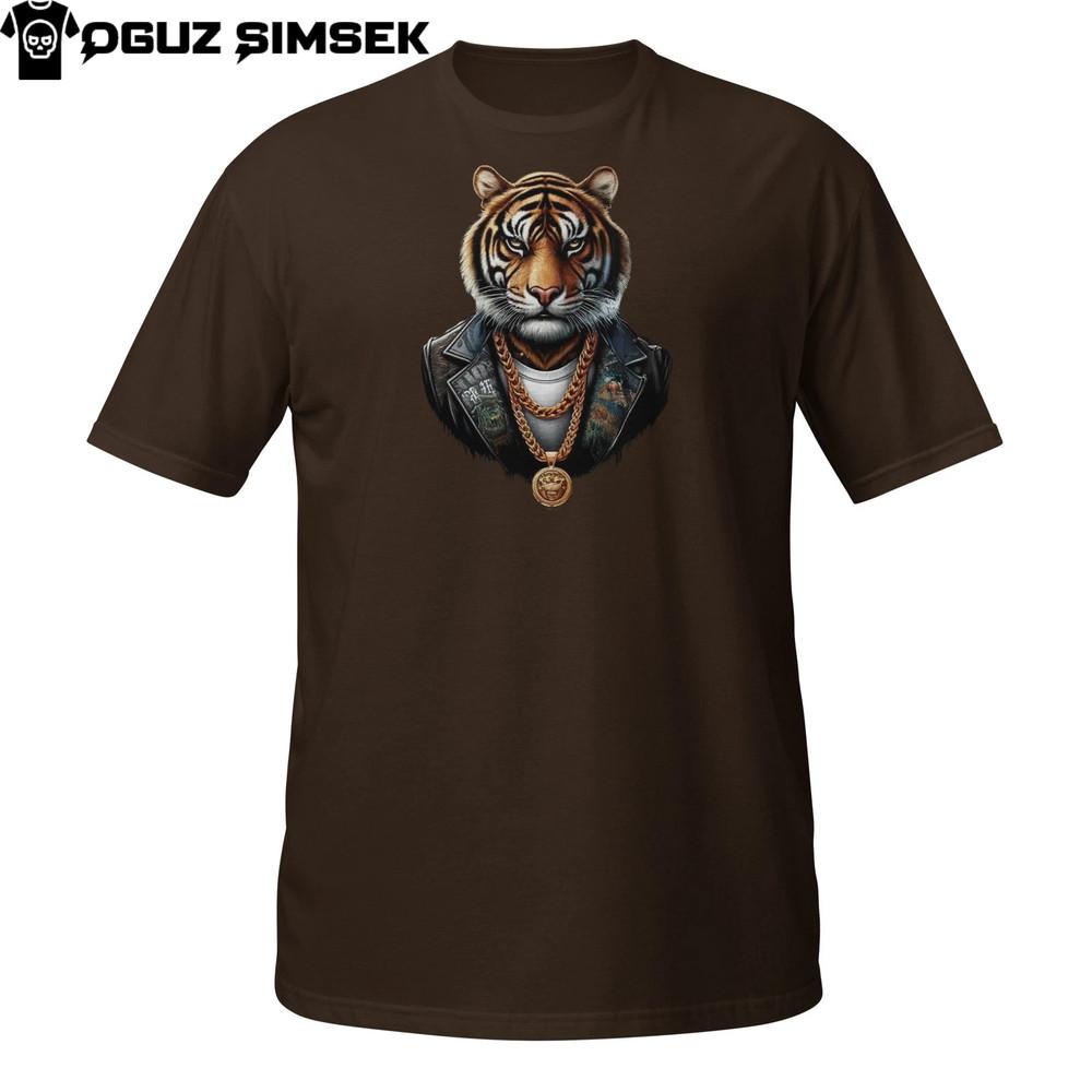 

Streetwear Tiger T-Shirt – Cool Big Cat in Leather Jacket and Chains Tee M