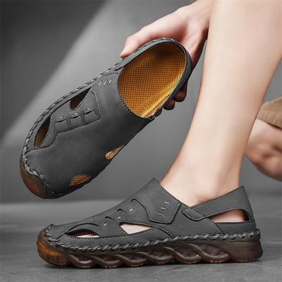 Sandalias de Senderismo para Hombre al Aire Libre Planas Hechas a Mano Negras Sandalias Romanas de Verano Retro Anchas de Cuero Zapatos de Playa Talla Grande