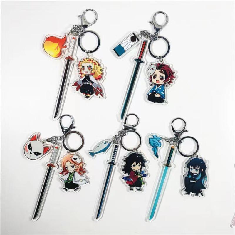 Demon Slayer Keychain Acrylic Charm with Sword Tanjiro Zenitsu Nezuko Anime Cosplay Accessories
