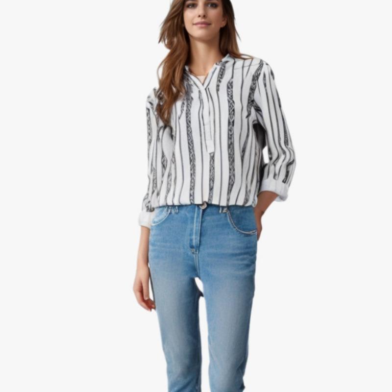 Women's New Striped Printed Button Up Shirt, Loose Long Sleeved Top