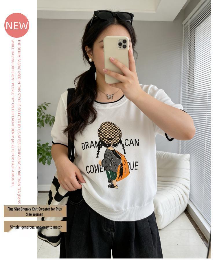 2026 Plus Size Women's Ice Silk Knit Print T-Shirt - Spring/Summer Collection, Loose Fit, Slimming, Short Sleeve