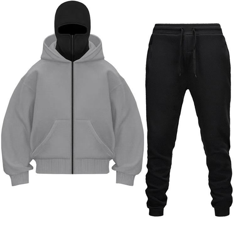Conjunto de Calças e Moletons com Capuz Duplo Outono Inverno Balaclava Moletom com Capuz Moderno Hip Hop Homem Mulher Casal Máscara Facial Moletom com Zíper