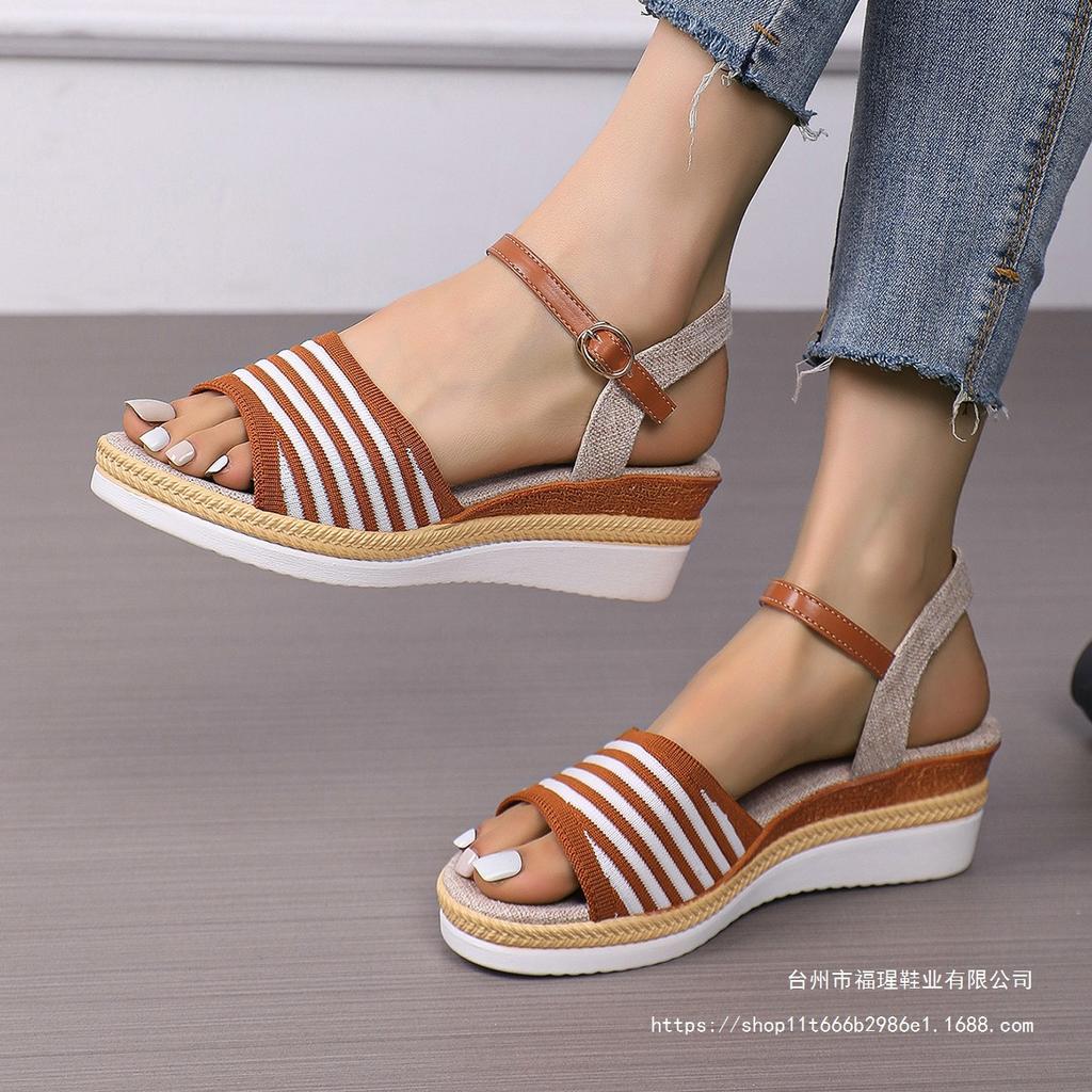 Wedge heel platform sandals women's summer 2025 new models go out elastic weaving color ribbon Roman sandals women black
