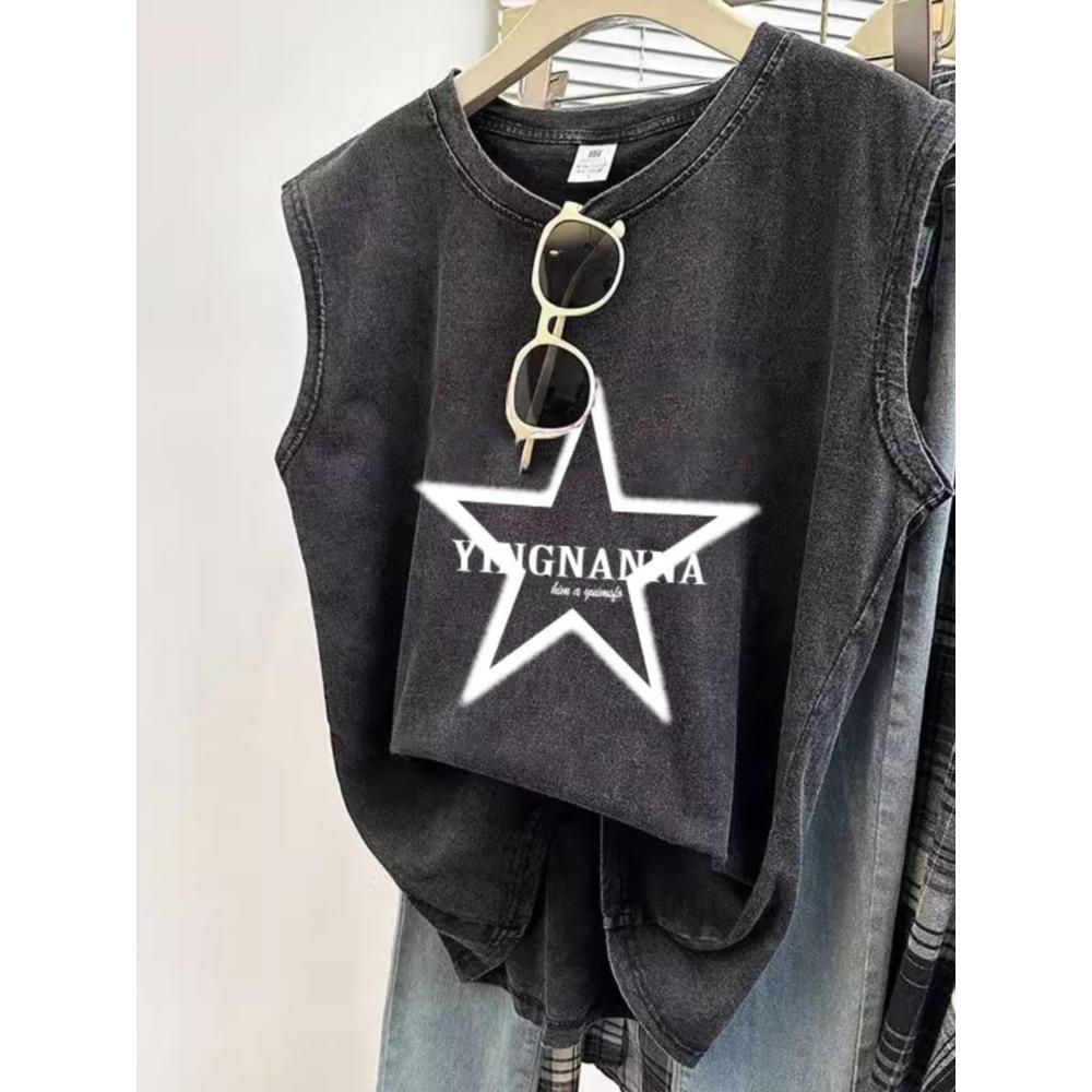 Retro Trend Płukana Stara Kamizelka T-shirt Damska Luźna Modna Marka Bezrękawnik Ubrania Pas Normal Studios Kolarstwo