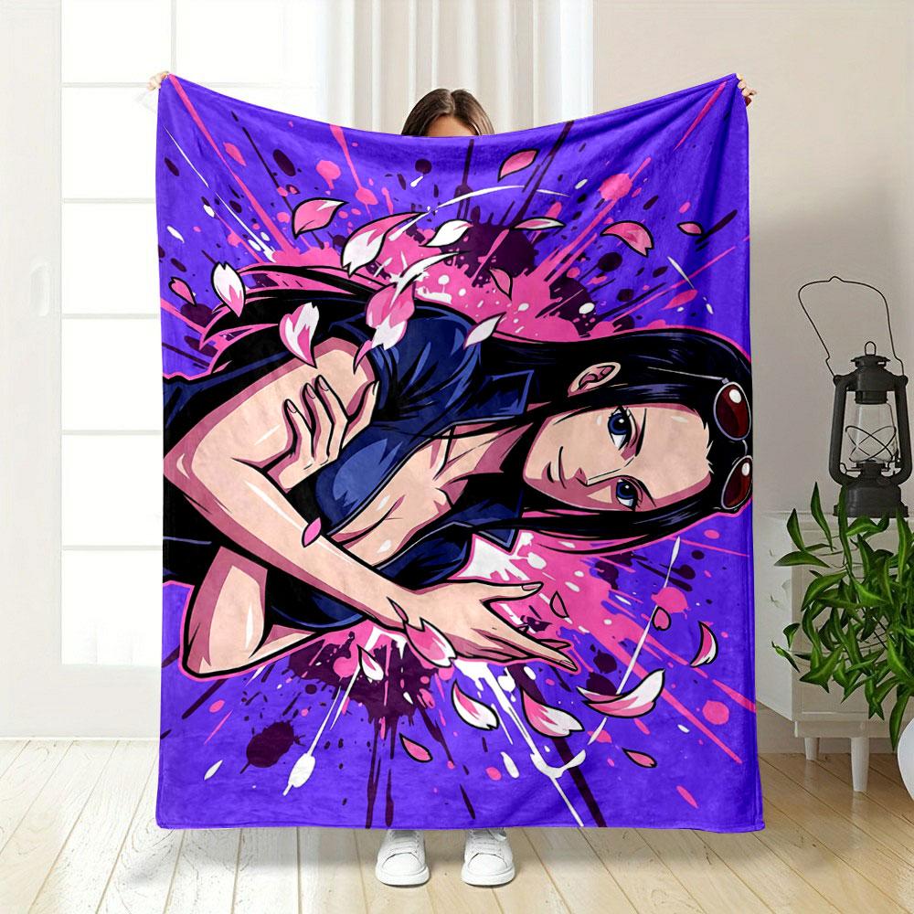 A woman with flowing petals on a vibrant purple and pink splatter background. for all seasons blanket lunch break throw gift