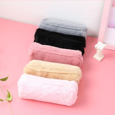 High Capacity Zipper Closure Dust-proof Pen Bag Lovely Girls Solid Color Plush Pencil Case Stationary Kit