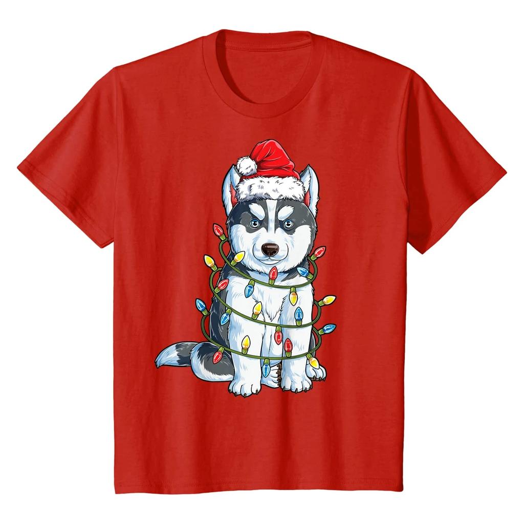 Siberian Husky Santa Christmas Tree Lights Xmas Gifts T Shirt 100 Cotton Short Sleeve ONeck Casual Tshirts New Size S3XL