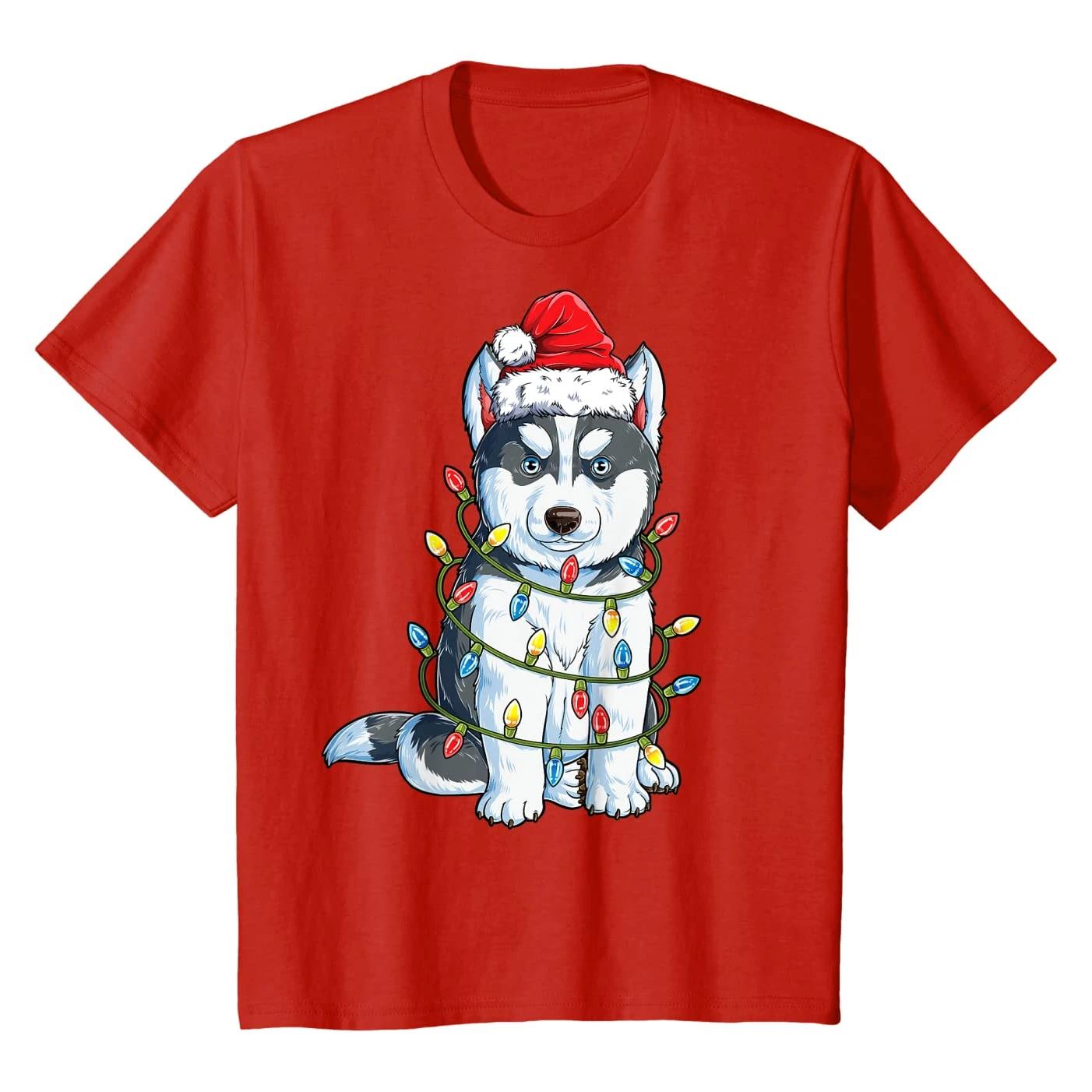 Siberian Husky Santa Christmas Tree Lights Xmas Gifts T Shirt 100 Cotton Short Sleeve ONeck Casual Tshirts New Size S3XL S