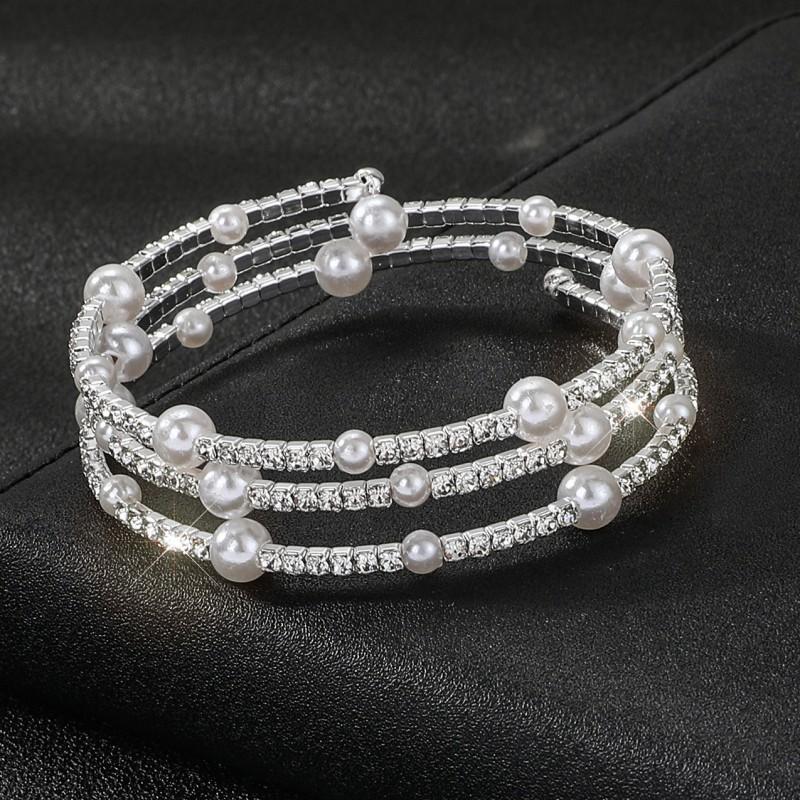 Open pearl rhinestone bracelet, multi-layer ethnic style bracelet bride elastic diamond bracelet women