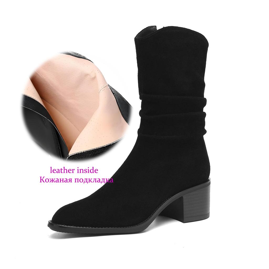 Krazing Pot Cow Suede Nubuck Round Toe Thick Heels Western Boots Size 42 Slip on Women Pleated Decoration Mid-calf Boots
