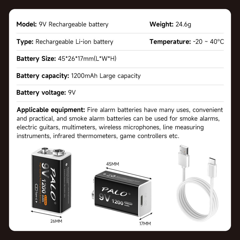 PALO 1200 mAh Micro-USB 9 Volt Li-Ionen-Akku 6F22 9 V Li-Ionen-Lithium-Akku für RC-Hubschrauber-Modell-Mikrofonspielzeug