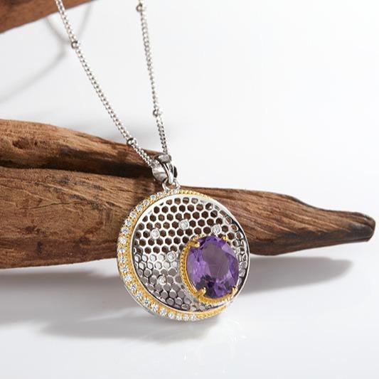 Collana Ciondolo Tesoro di Colore Argento S925 Incastonata con Pietra Preziosa Naturale di Ametista per Donna Moda Semplice e di Alto Senso