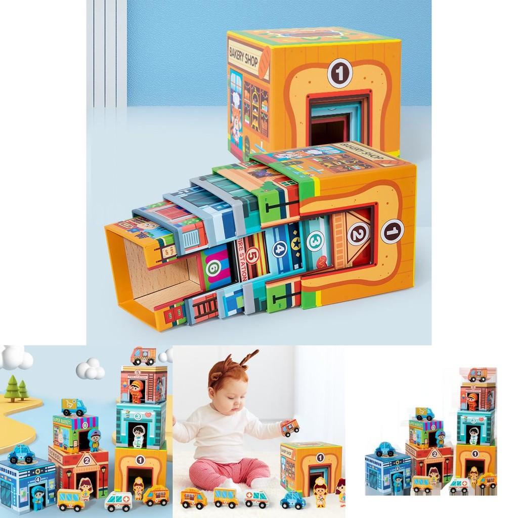 Wooden Stacking Toy Set For Early Education And Logic Development With Traffic Scene For Kids