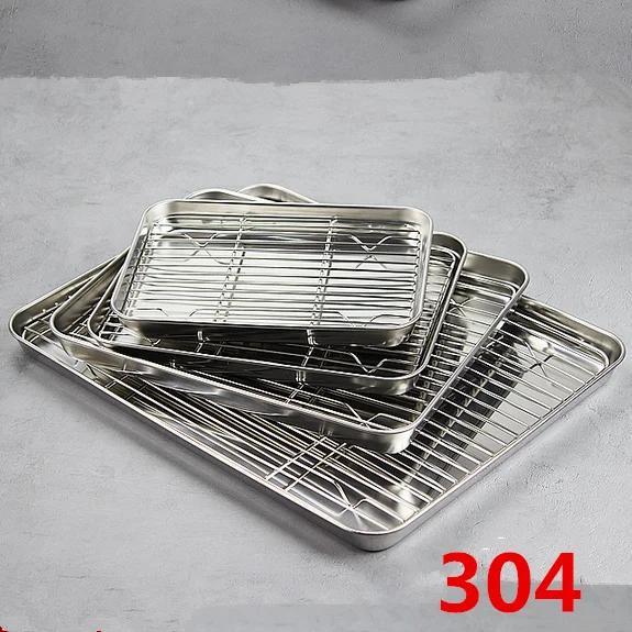 Baking tray With Wire Rack 304 Stainless Steel cake Baking BBQ Pan Tray plate Oven brownie Rack Cooking Roasting Grilling Tool