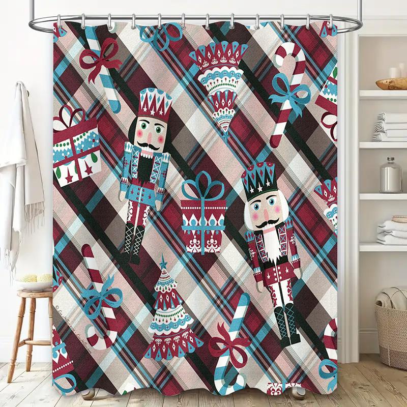 Plad Christmas Shower Curtain with Nutcracker and Candy Cane, Red Black Buffalo Check Pattern for Fun Festive Bathroom