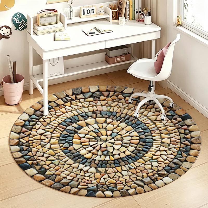 1Pcs Stone Round Rug Non-Slip Machine Washable Floor Mat 2D Flat Vintage Floral Area Rug for Living Room Bedroom Decor