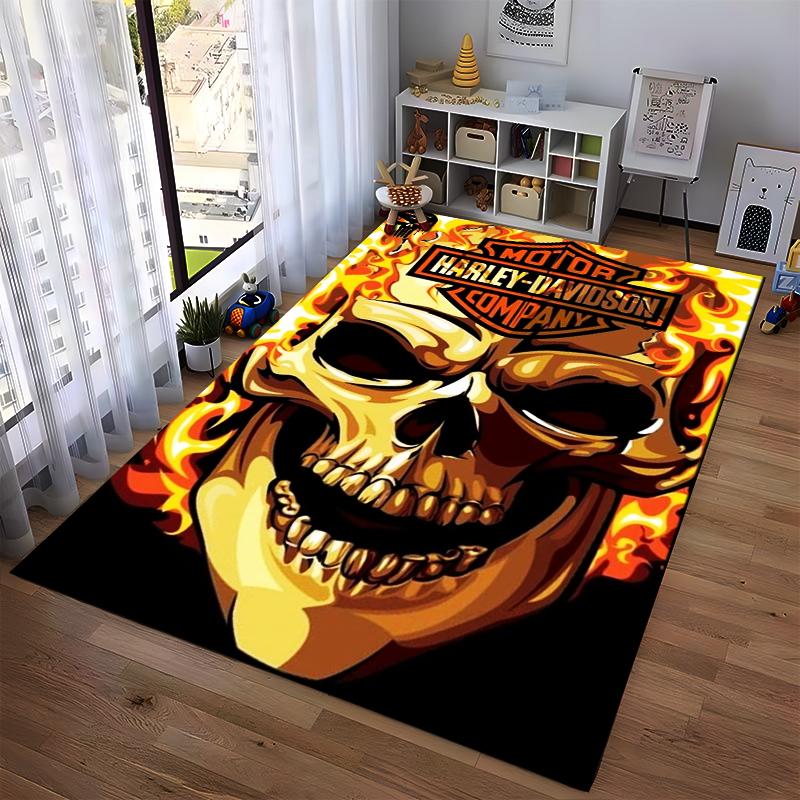 "Flaming Skull Harley-Davidson Style Rug with Vibrant Design" Suitable for use as an anti-slip for living room bedroom sofas