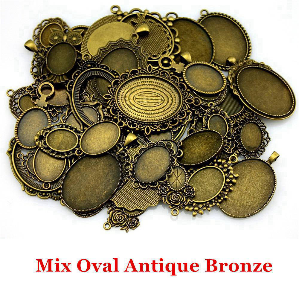 

Набір порожніх основ-підносів, змішані розміри, для кабошонів, антична бронза, цинковий сплав, частина для виготовлення прикрас, як основа-заготовка A03-40gram-Mix