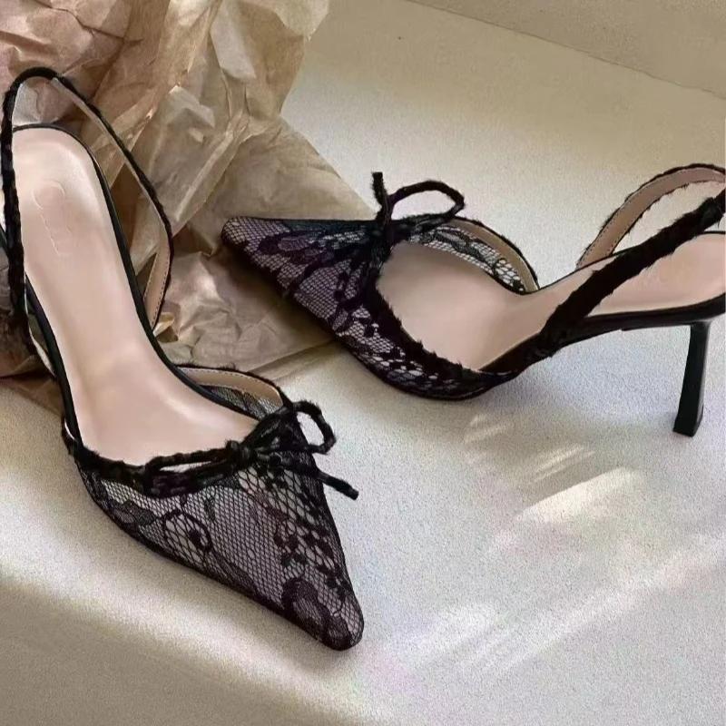 Women's High Heel Sandals Leopard Print Lace Pointed Toe Bow Heels Women Dress Summer Sexy Designer Style Zapatillas De Mujer