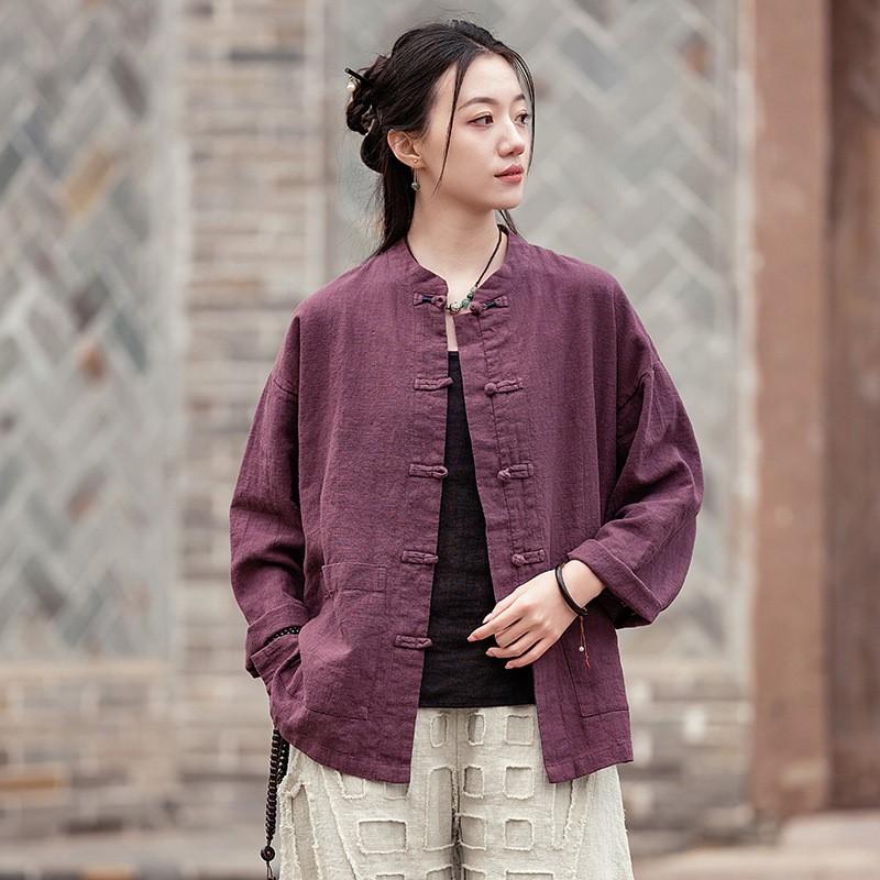 Johnature Women Vintage Stand Shirts Solid Color Long Sleeve Tops Spring Button Pockets Loose Women Shirts